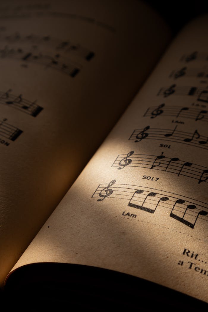 A detailed view of a vintage music sheet, illuminated by warm light, conveying a sense of history and art.